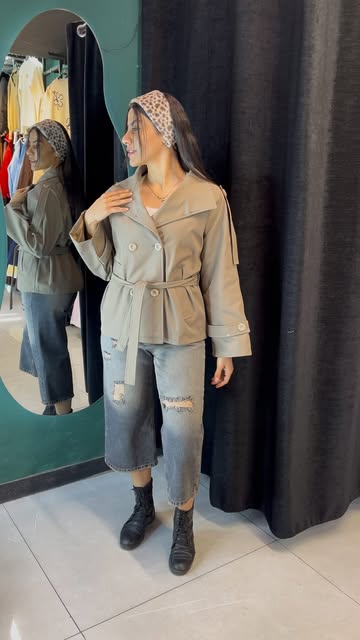 ترنچ کت + شلوار جین جک پات (واید لگ) + هدبند پوست سمور وارداتی